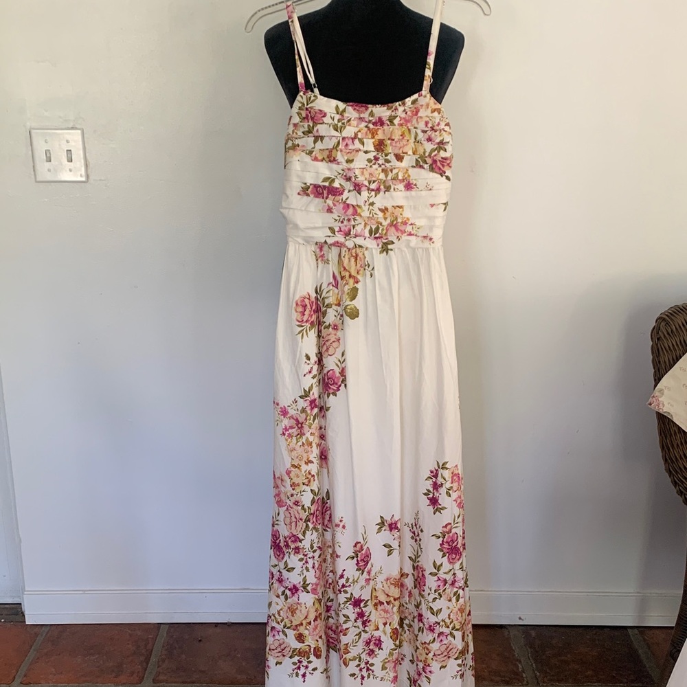 1. State White Floral Spaghetti-Strap Maxi Dress with Pink and Yellow Blooms
